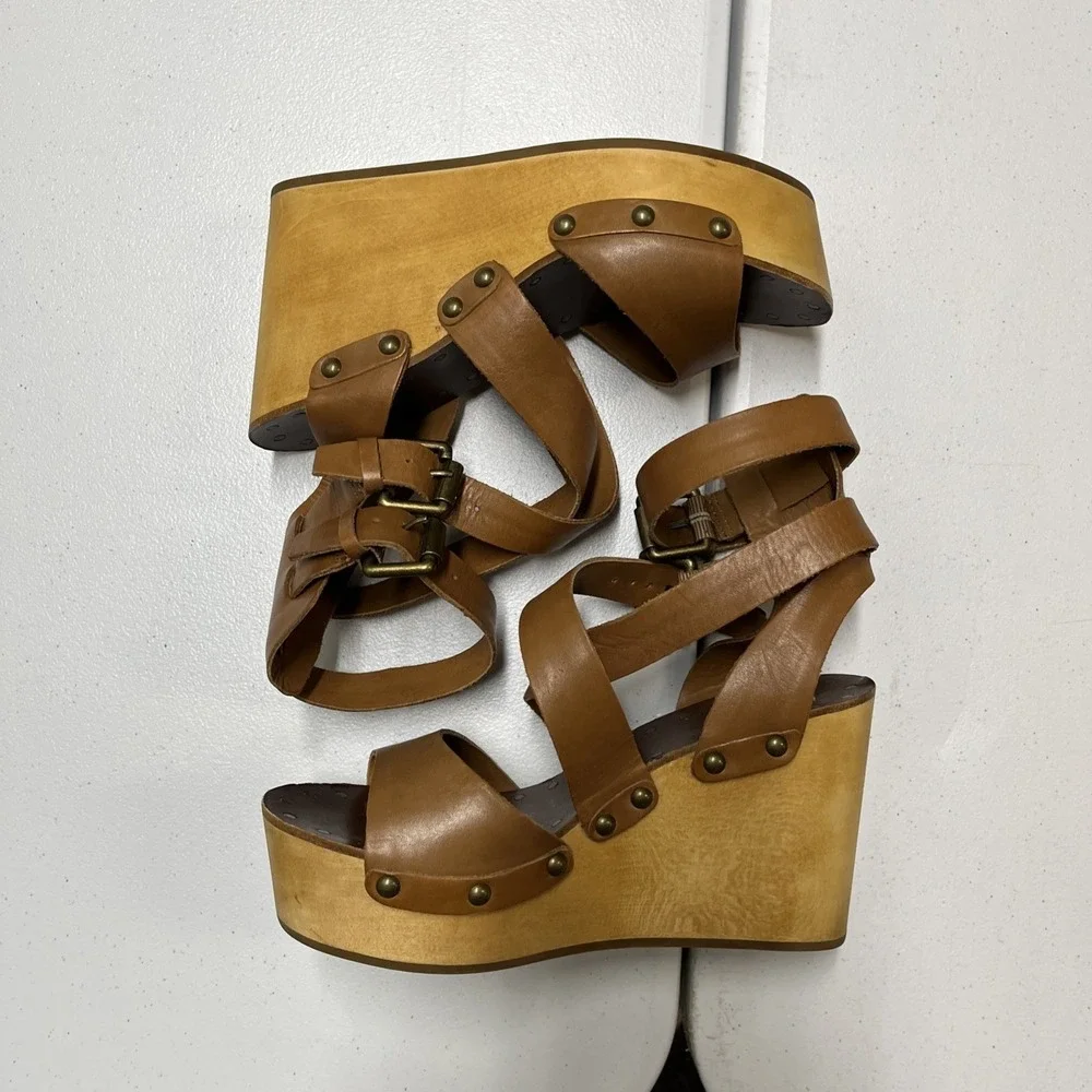 Ash Sandal Wedge‎ Strappy Wrap Ankle Platform Brown Leather Size 37 6.5 Studded